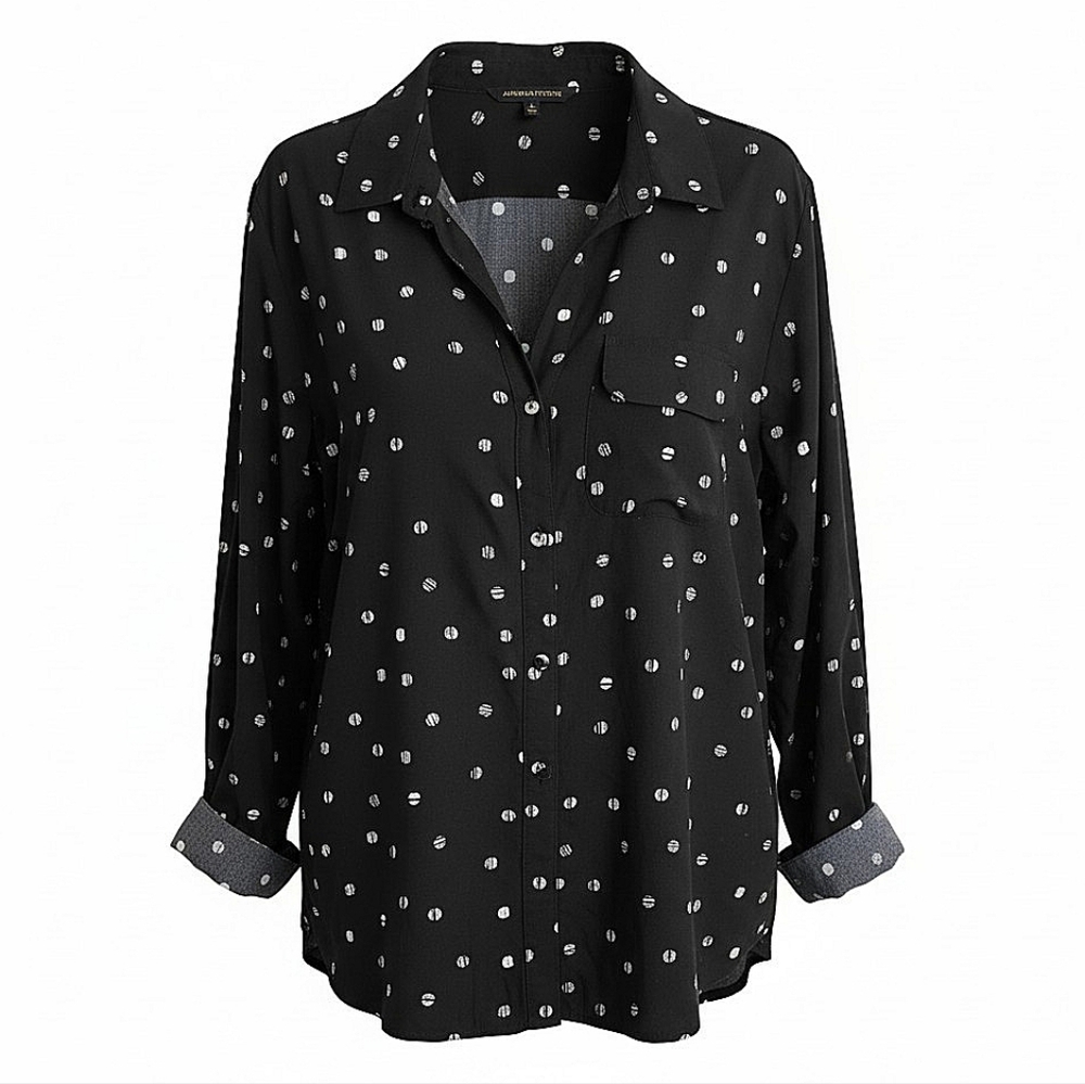 NWT! Adrienne Vittadini Black Button-Down Blouse with White Polka Dots